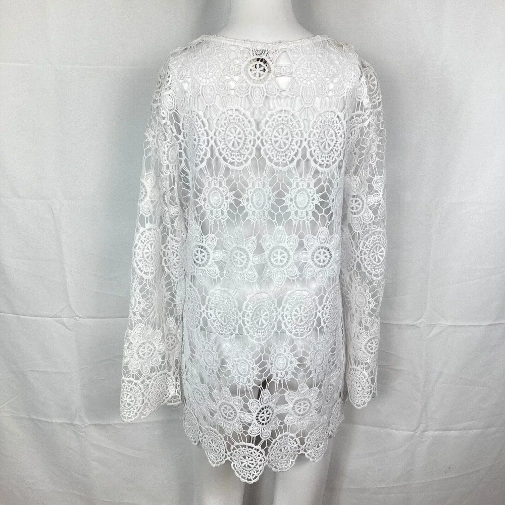 Anne Klein Sweater Womens Sz S White Crochet Lace Round Neck Tunic Pullover - Picture 2 of 9